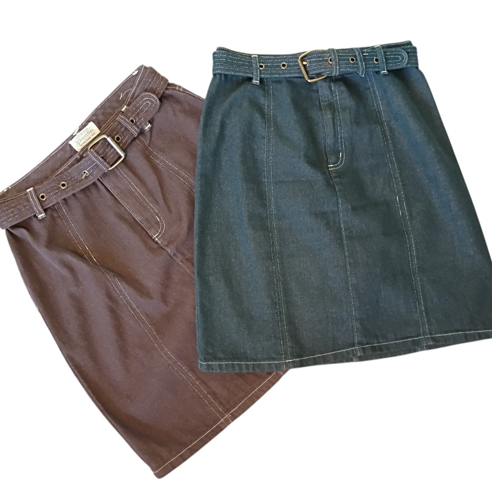 Vintage St Johns Bay Womens Size 4 Denim Skirt Bundle Brown Blue Belted A-Line - Picture 3 of 9